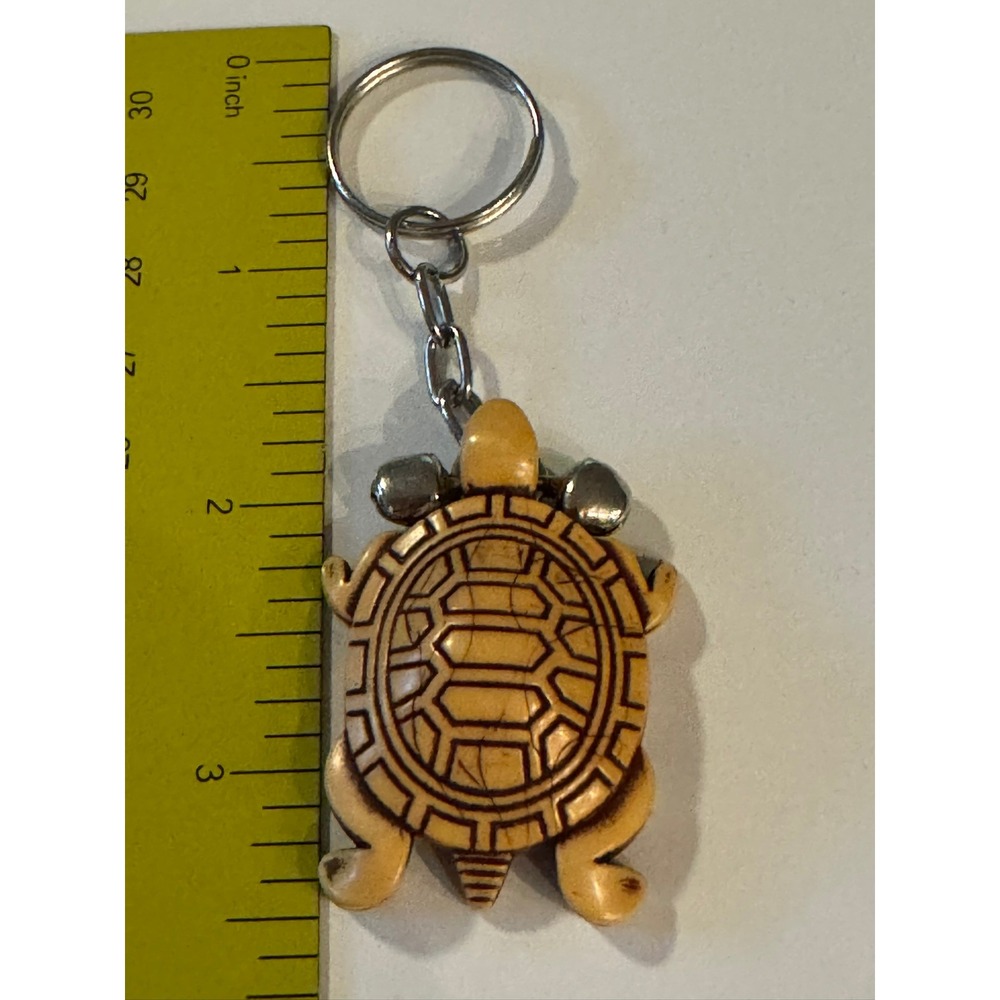 Vintage Faux Bone Carved Turtle Keychain with Bells Silver Tone Ring Cream Brown